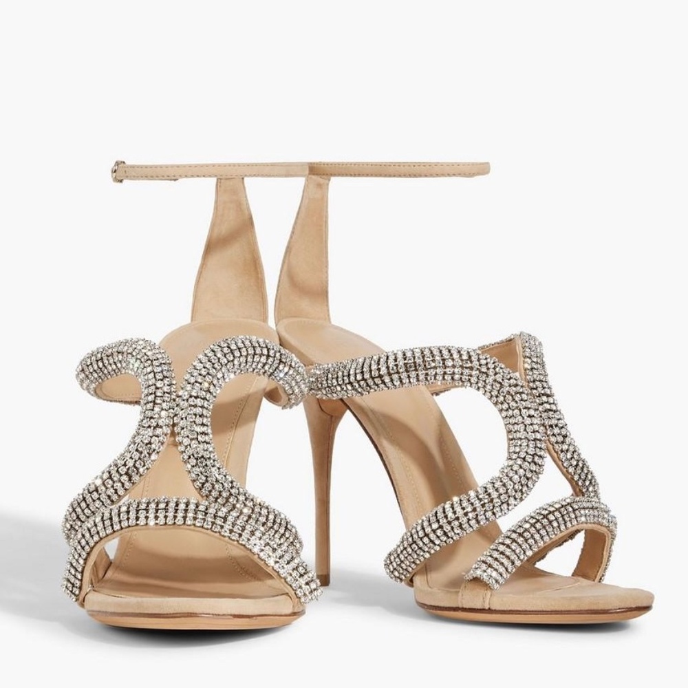 Alexandre Birman Cleo 100 Nude & Clear Crystal Ankle Wrap Sandals 37/7